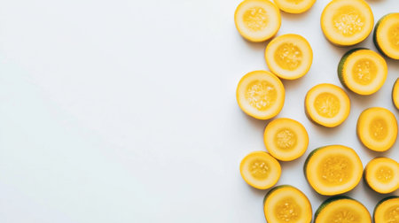 Colorful yellow squash slices arranged beautifully on a clean white background, perfect for highlighting fresh produce in culinary presentations and healthy recipes.の素材