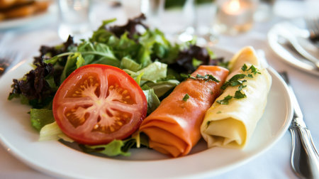 A vibrant plate featuring a fresh salad with crisp lettuce and ripe tomato slices, complemented by cheese wraps. Perfect for healthy dining options.の素材