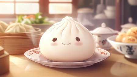 An adorable cartoon dumpling sits on a plate, exuding charm with its smiling face. Surrounded by steaming dishes, this illustration captures the joy of food.の素材