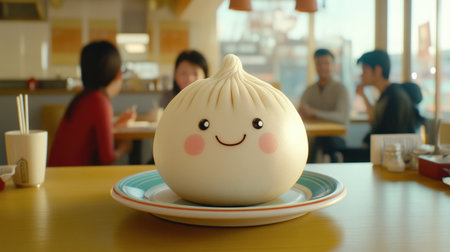 A cheerful dumpling with a smiling face sits on a plate in a cozy restaurant, surrounded by diners. This delightful scene captures food and happiness.の素材