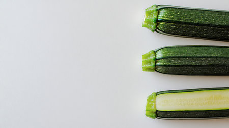 A trio of fresh green zucchinis displayed on a plain surface, showcasing their vibrant color and stunning texture. Perfect for healthy meals.の素材