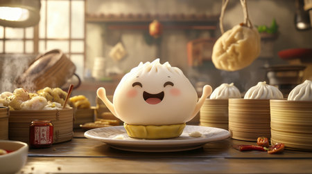 A charming dumpling character radiates joy amidst a cozy kitchen. Surrounded by delicious treats and steaming dishes, it captures the essence of culinary warmth and fun.の素材