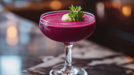 A vibrant purple cocktail elegantly garnished with fresh herbs, showcasing a unique drink presentation. Perfect for events and celebrations.の素材