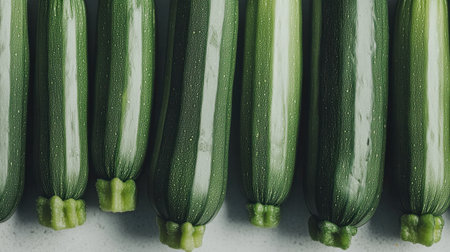 Fresh green zucchinis arranged on a white surface, showcasing their vibrant colors and textures. Ideal for healthy cooking and organic meal preparation.の素材