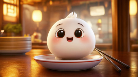 An adorable cartoon dumpling with a cheerful expression sits on a plate with chopsticks, creating a warm and inviting atmosphere perfect for food lovers.の素材