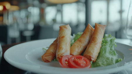 A plate featuring crispy spring rolls served with fresh lettuce and sliced tomatoes. This appetizing dish is perfect for any meal or gathering.の素材