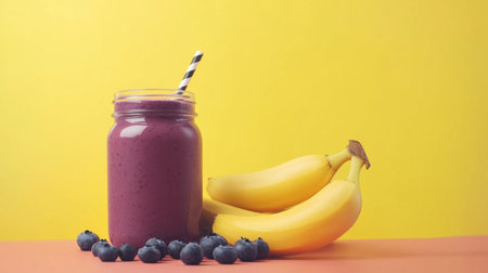 A vibrant smoothie made with bananas and blueberries sits beside fresh fruit on a bright yellow backdrop, perfect for a healthy lifestyle or a refreshing snack.の素材