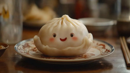 Adorable dumpling character with a happy face sits on a plate. Perfect for food lovers and anyone seeking cute culinary imagery to evoke joy and warmth.の素材