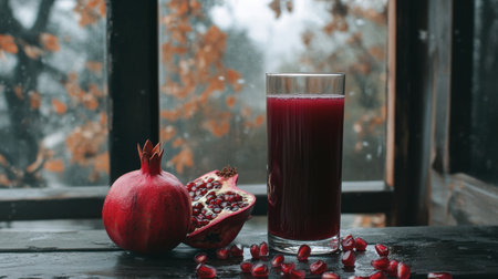 A glass of fresh pomegranate juice sits on a wooden table, accompanied by a whole pomegranate and scattered seeds. Captures the essence of natural and healthy living.の素材