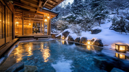 Discover a serene winter hot spring surrounded by snow-covered nature. The warm water invites relaxation, while lanterns create a peaceful ambiance.の素材