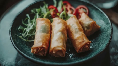 A plate of freshly made spring rolls served with greens and slices of red pepper. Perfect for an appetizer or a light snack, this dish showcases delicious Asian cuisine.の素材