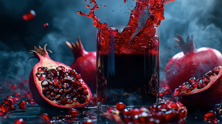 A captivating composition featuring a splash of pomegranate juice in a glass, surrounded by ripe fruits. The rich red color creates a striking visual effect against a dark background.の素材