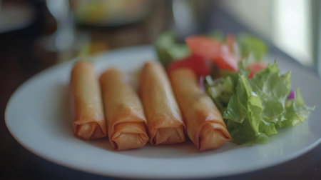 A tantalizing view of crispy spring rolls served on a plate alongside a fresh salad, perfect for a delightful appetizer or snack.の素材