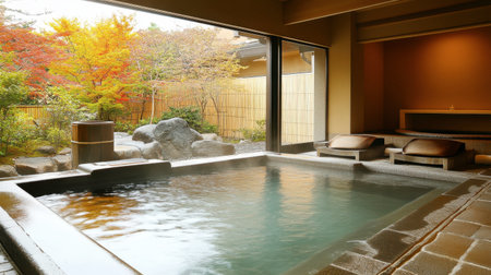 Experience tranquility in this inviting indoor hot spring, surrounded by autumn foliage and natural beauty, perfect for relaxation and rejuvenation.の素材
