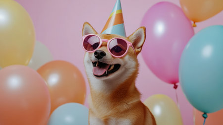 A cheerful dog wearing sunglasses and a party hat, surrounded by colorful balloons, captures the essence of fun and celebration in a vibrant setting.の素材