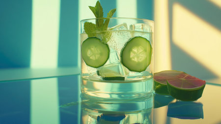 A refreshing cucumber drink served in a glass with mint leaves and lime slices. Perfect for summer gatherings, this beverage boasts vibrant colors and a cool vibe.の素材