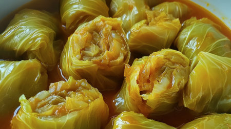 This image showcases delicious cabbage rolls simmered in a tangy sauce, perfect for a comforting meal. A vibrant, appetizing dish ideal for dinner or lunch.の素材