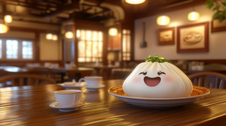 A charming bao bun with a joyful expression sits on a plate in a cozy restaurant. The beautiful interior features soft lighting and tea cups, creating a warm dining atmosphere.の素材