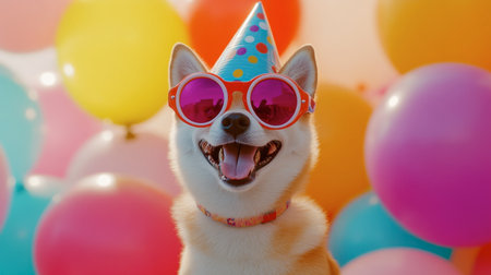 A cheerful dog wearing sunglasses and a party hat smiles in front of colorful balloons, capturing the essence of joy and celebration in a playful setting.の素材