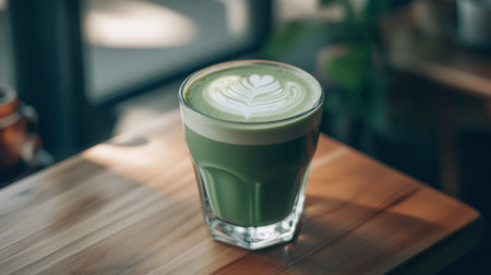 A beautifully crafted matcha latte served in a clear glass. The vibrant green color and intricate foam art make it a perfect beverage for tea enthusiasts and cozy cafの素材