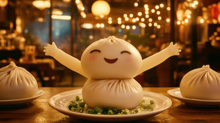 A delightful dumpling character beams with joy in a cozy restaurant setting. The charming design showcases creativity and warmth, perfect for food lovers.の素材