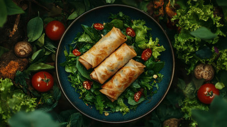 Enjoy a vibrant serving of fresh spring rolls nestled on a bed of greens and herbs. A perfect dish for healthy eating enthusiasts.の素材