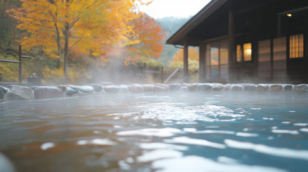 This image showcases a serene hot spring, enveloped in steam and surrounded by vibrant autumn foliage, creating a peaceful outdoor retreat for relaxation.の素材