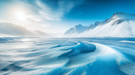 Discover a breathtaking winter landscape featuring vast ice formations and majestic mountains under a serene blue sky, evoking peace and tranquility.の素材