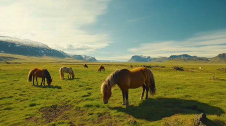 A serene scene of majestic horses grazing peacefully in a lush green meadow, surrounded by stunning mountains and a clear blue sky. Perfect for nature and animal lovers.の素材