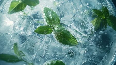 A close-up of fresh mint leaves resting on ice cubes in a clear drink, embodying refreshment and vitality, perfect for summer beverages.の素材