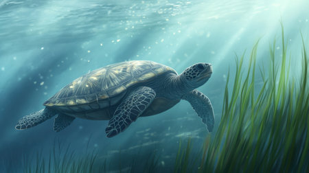 A beautiful illustration of a turtle gliding gracefully through clear waters, surrounded by vibrant greenery, depicting a peaceful underwater environment.の素材