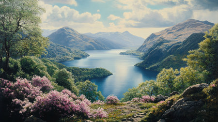 A breathtaking view of a serene lake embraced by lush green mountains and colorful flowers, showcasing the beauty of nature in a tranquil wilderness scene.の素材