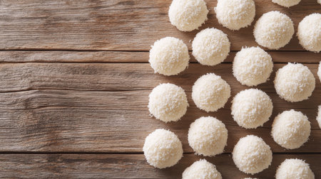 These delightful coconut candy balls are arranged on a rustic wooden table, perfect for a sweet treat or festive celebration. Enjoy the simplicity and taste!の素材