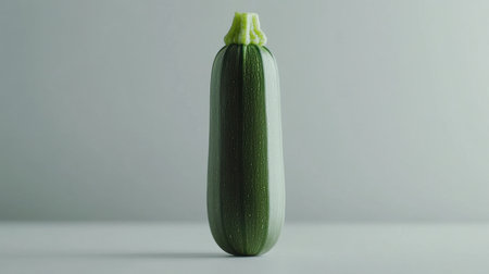 A fresh green zucchini stands upright against a minimalist background, showcasing its vibrant color and healthy appeal, perfect for culinary uses.の素材
