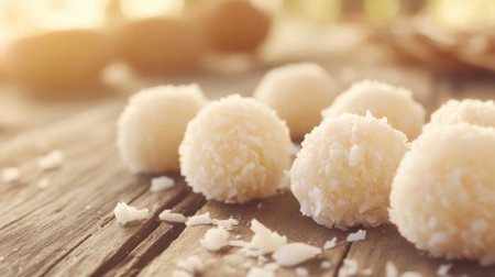 Delicate coconut treats arranged on a rustic wooden surface, illuminated by soft natural light, showcasing their round shape and sweet simplicity.の素材