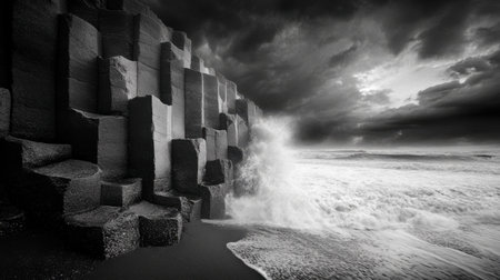 Powerful waves crash against striking geometric rocks under a moody sky. This captivating black and white seascape captures the wild beauty of nature.の素材