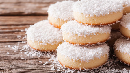 A stack of delightful coconut cookies coated in fluffy white coconut flakes, resting on a rustic wooden table. Perfect for any sweet occasion.の素材