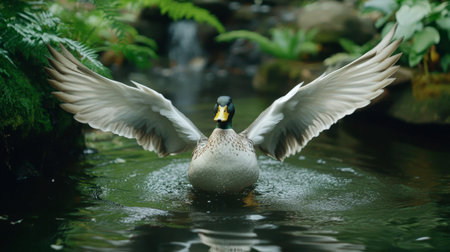 A graceful duck spreads its wings while swimming in a serene pond, surrounded by lush greenery. The scene captures a moment of tranquility in nature.の素材