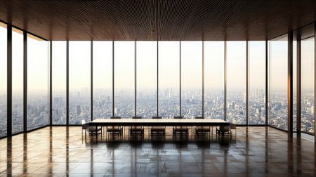 Spacious modern conference room with a stunning city skyline view at sunset, featuring large windows, a long table, and minimalist design elements.の素材