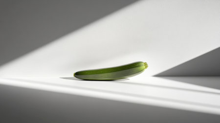 A fresh zucchini rests on a surface, illuminated by soft natural light, creating a serene and minimalist atmosphere perfect for culinary themes.の素材