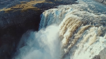 A stunning view of a powerful waterfall cascading into a river below, showcasing the beauty of nature and the dynamic flow of water in a serene landscape.の素材