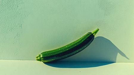A fresh green zucchini rests on a white surface, casting a soft shadow. This image showcases the simplicity and beauty of organic vegetables, perfect for food-themed projects.の素材
