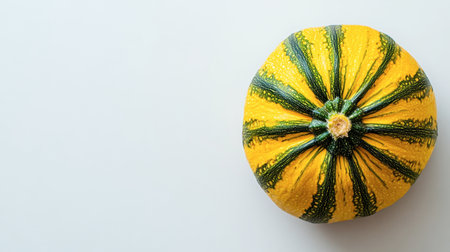 A vibrant yellow pumpkin with green stripes on a clean white background, ideal for seasonal themes, cooking, and natural food photography.の素材