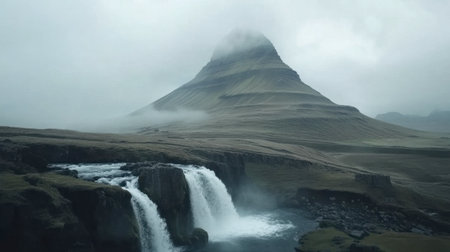 A stunning mountain landscape featuring a dramatic waterfall cascading into a river, surrounded by mist and clouds, perfect for nature enthusiasts and photographers.の素材