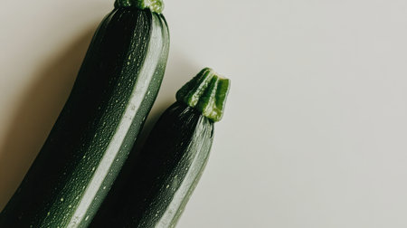 Two fresh zucchinis showcase their vibrant green hue against a minimalist background, emphasizing the natural beauty of produce and healthy eating.の素材