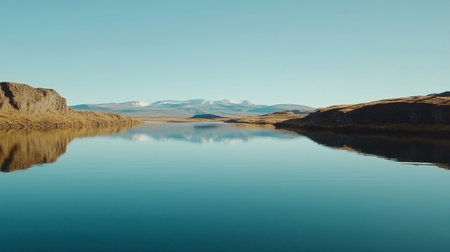 A breathtaking view of a serene lake reflecting majestic mountains under a clear blue sky. This tranquil landscape captures the essence of untouched nature, perfect for relaxation and exploration.の素材