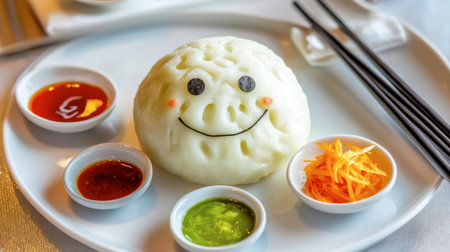 A delightful smiling bun served with vibrant dipping sauces on a plate, perfect for adding a touch of joy to any dining experience.の素材