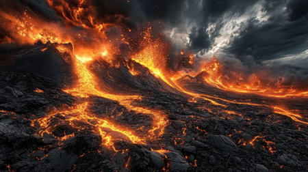 A dramatic view of a volcanic eruption showcasing molten lava cascading down rocky slopes against a darkening sky. A stunning display of nature's raw power.の素材
