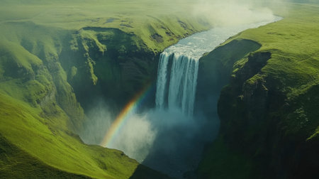 Explore a stunning waterfall cascading into a vibrant river, surrounded by lush green cliffs. A beautiful rainbow arcs through the mist, creating a picturesque scene.の素材