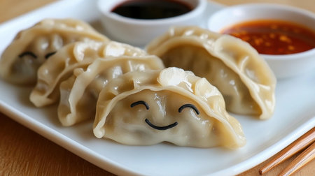 Delightful dumplings with smiling faces served on a plate, accompanied by flavorful dipping sauces. A cheerful take on Asian cuisine perfect for sharing.の素材